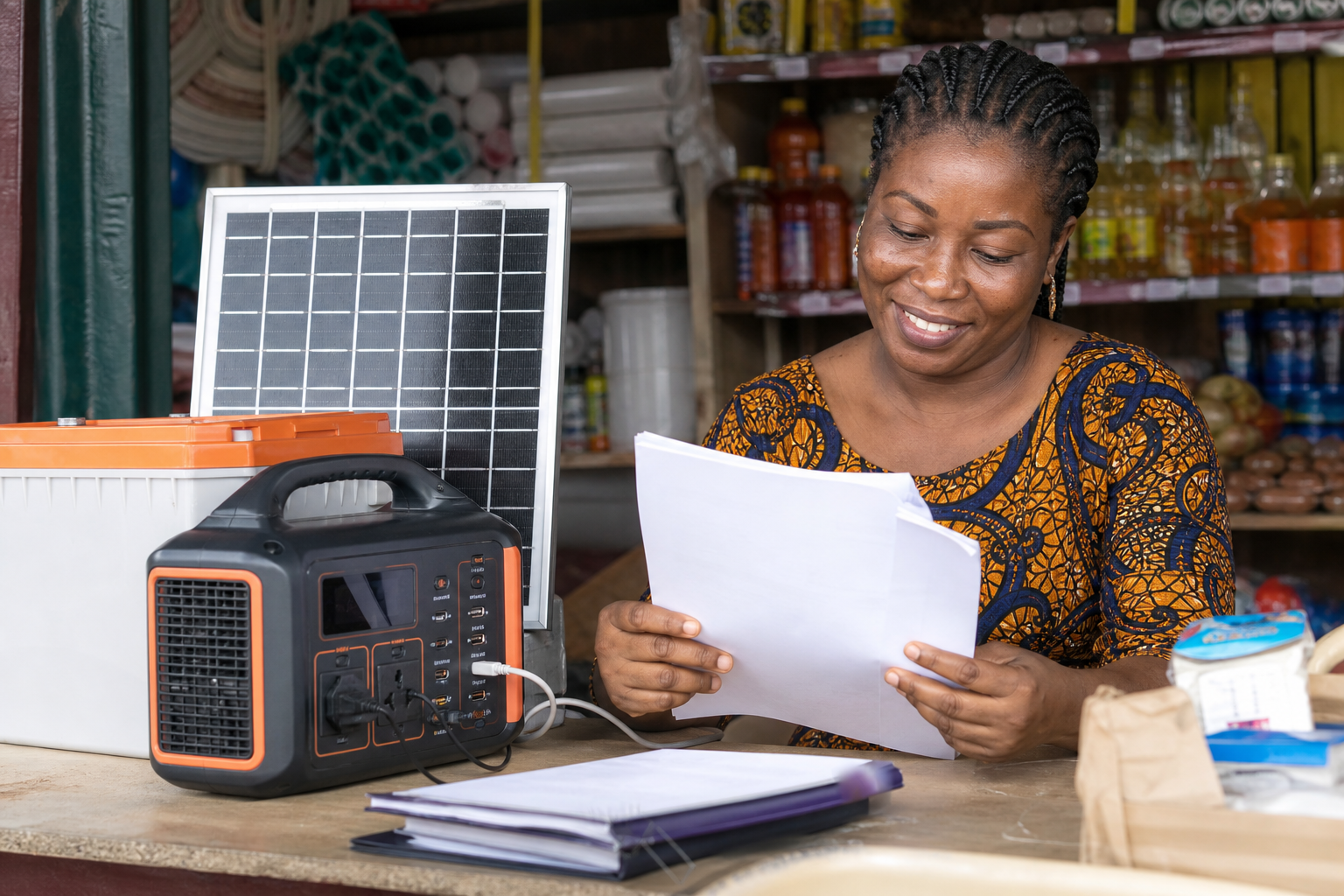 Nigerian shop owner using Darbot Pay Small Small solar financing